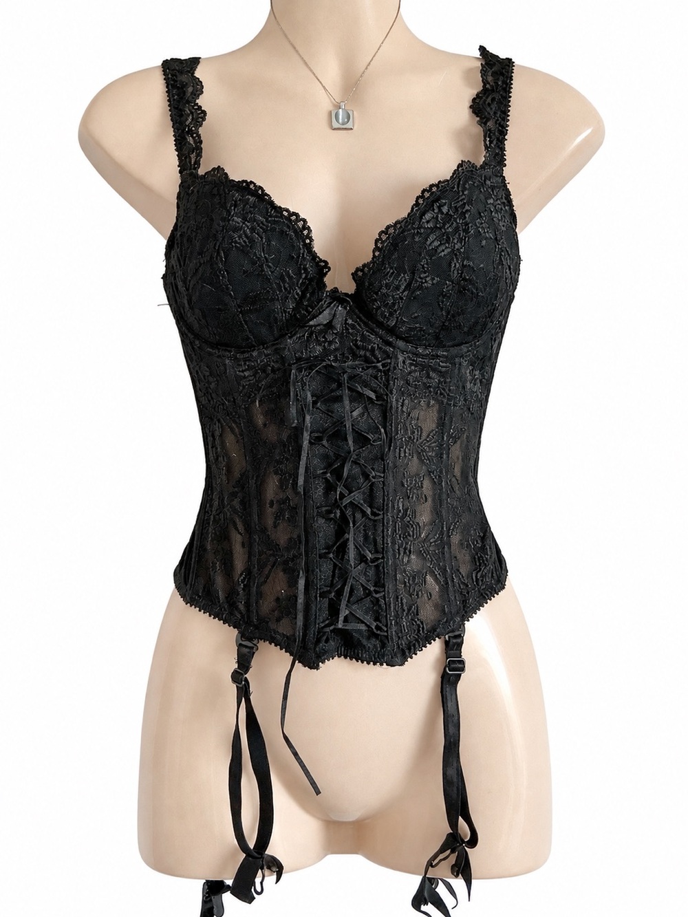 Y2K Black Lace Corset boned Bustier Garter Straps